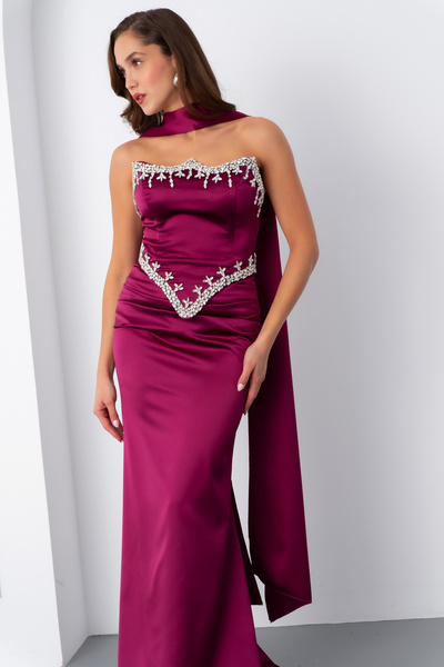 Lafaba Women's Plum Strapless Rhinestone Long Satin Evening Dress