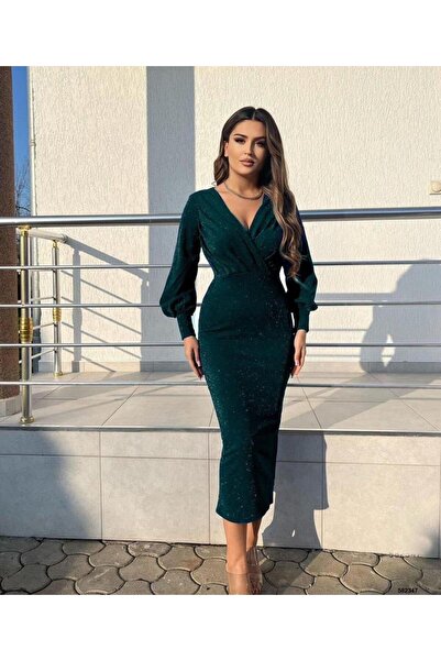 Modafeminen Třpytivé krepové midi šaty s dvojitým límcem a tužkovým střihem 582347 ZÜMRÜT