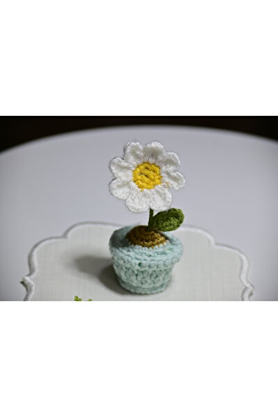 mahfus Örgü Masa Süsü Mini Saksı Papatya