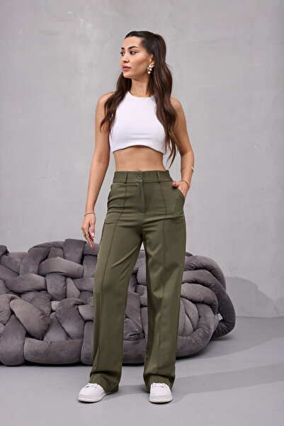 BİKELİFE Kadın Yüksek Bel Likralı Geniş Paça Çımalı Rahat Kesim Pantolon