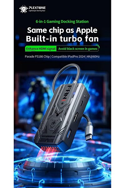 PLEXTONE Plextone GS6 Type-C 6-in-1 Hub with Cooling Fan, 4K HDMI, 100W PD Charging and 3 USB 3.0 Ports