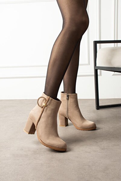 ShoeTek Karolina Kadın Bot Fermuarlı Taşlı Vizon Süet