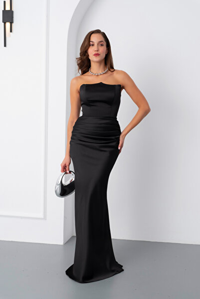 Lafaba Γυναικείο μαύρο στράπλες μακρύ σατέν φόρεμα αρραβώνων