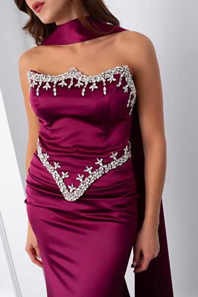 Lafaba Women's Plum Strapless Rhinestone Long Satin Evening Dress