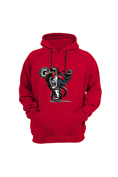 WİDİ Ön Kaldıran Racing Motorcu Baskılı 3 Iplik Kalın Şardonlu Kanguru Cepli Sweatshirt