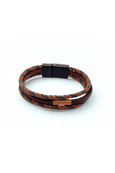 RAVANELLI Men's Three-Layer Braided Bracelet with Magnetic Metal Buckle - Orange
