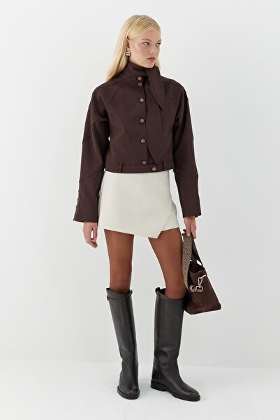 MARKALİSTE Collar Detailed Short Jacket Brown