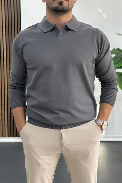 Edwox Men's Open Collar Plain Pattern Regular Fit Sweater Smoked Edw423