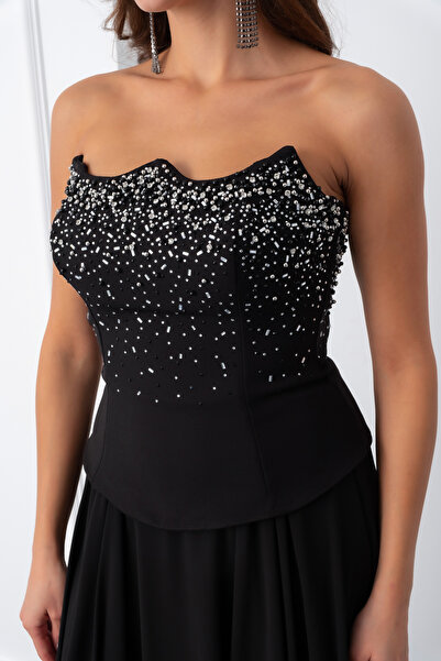 Lafaba Kadın Siyah Straplez Taşlı Uzun Tül Abiye Elbise