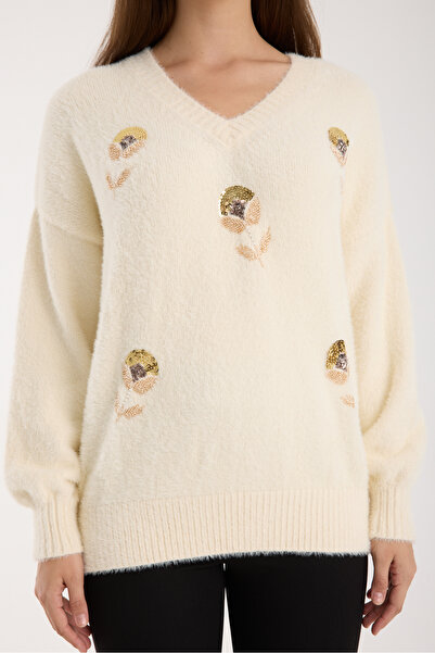 Moda Days Pulover tricotat pentru femei, ecru, cu mâneci balon, cu broderie cu margele, cu decolteu în V