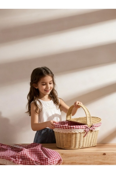 Butik Center 🧺   Coș de picnic din paie cu țesătură roșie în carouri – cu ca...