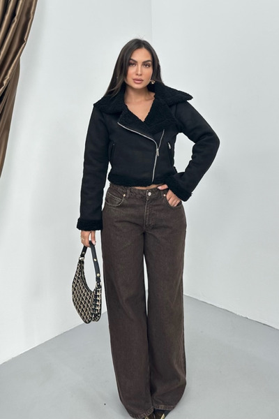 spirituel Women's Suede Coat Short Fur Lined Double Breasted Zipper Pocket Jacket