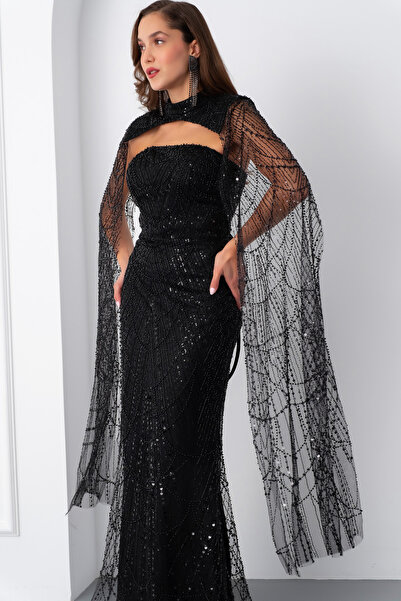 Lafaba Women's Black Shawl Long Sleeve Stand Collar Beaded Evening Dress