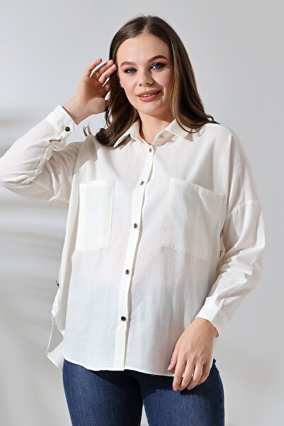 Lir Women's Oversize Shirt with Button Detail on the Sides Ecru For71043