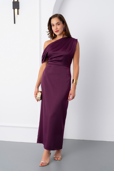 Lafaba Kadın Mürdüm Degaje Yaka Yırtmaçlı Saten Midi Elbise