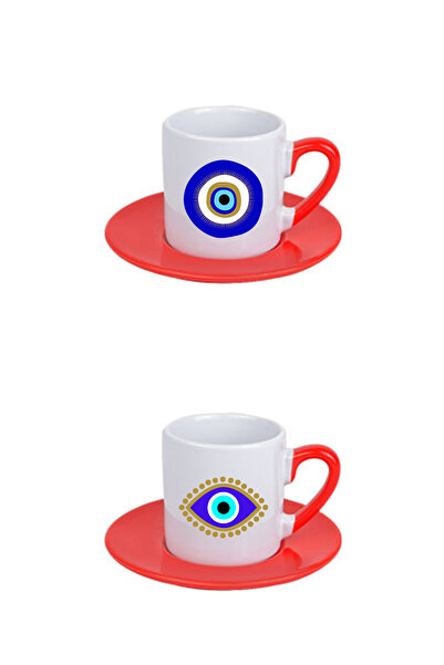giftkonsept Blue Evil Eye Bead Patterned Printed Black 4-Piece Porcelain Turkish Coffee Cup Set