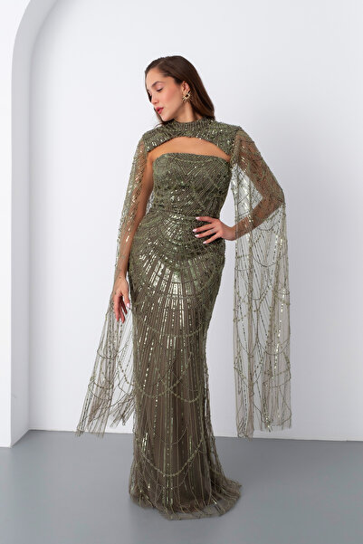 Lafaba Women's Khaki Shawl Long Sleeve Stand Collar Beaded Evening Dress