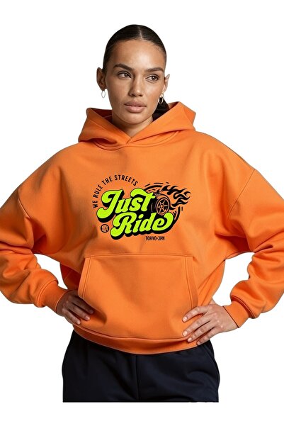 ArtYus سويت شيرت بقلنسوة كبير الحجم من القطن مطبوع عليه Just Ride ملون للجنسين