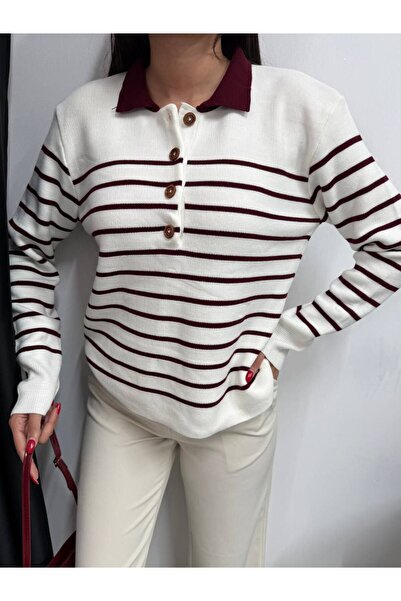 LE CARAMBOLE Women's Ecru-Burgundy Half Buttoned Striped Knit Sweater