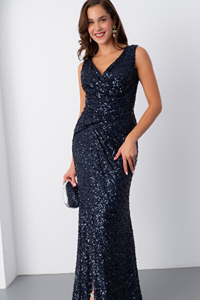 Lafaba Kadın Lacivert V Yaka Pul Payet Uzun Abiye Elbise