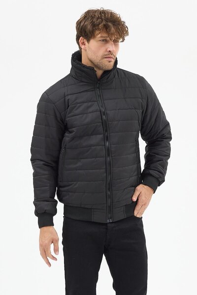 Polo State Ανδρικό μπουφάν με καπιτονέ επένδυση με γιακά φλις μαύρο