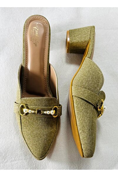 Generic Women’s Block Heel Mules with Pearl Chain – Elegant Slip-On Loafers (Sizes 37–42)