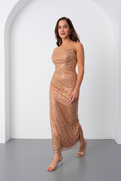 Lafaba Kadın Gold Straplez Payetli Kalem Abiye Elbise