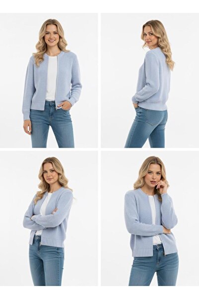 Vaniza Basic Fermuarli Kadin Hirka Bebe Mavi Crop Fit Kalip