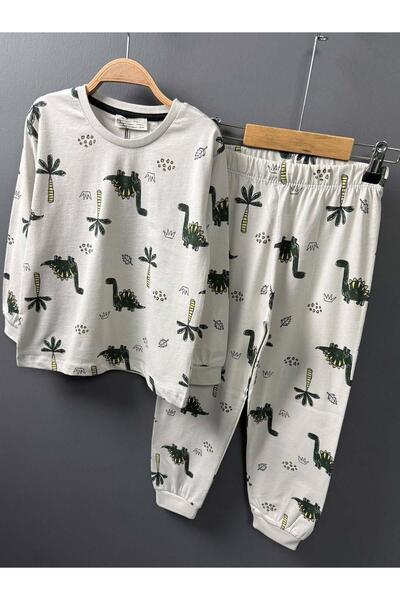 Riccotarz Boy's Cream Pajama Set with Palm Tree and Dinosaur Print