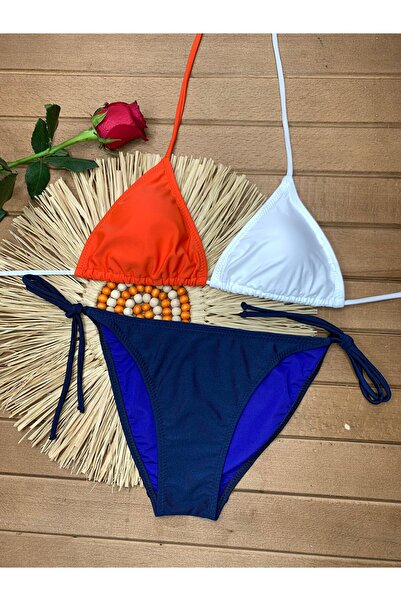 VAJESTO Дамски бял и тъмносин триъгълен бикини комплект с еластични странични...