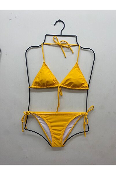 VAJESTO Kadın Sarı Likralı Yandan Boyundan Bağlamalı Şık İpli Üçgen Bikini Takım