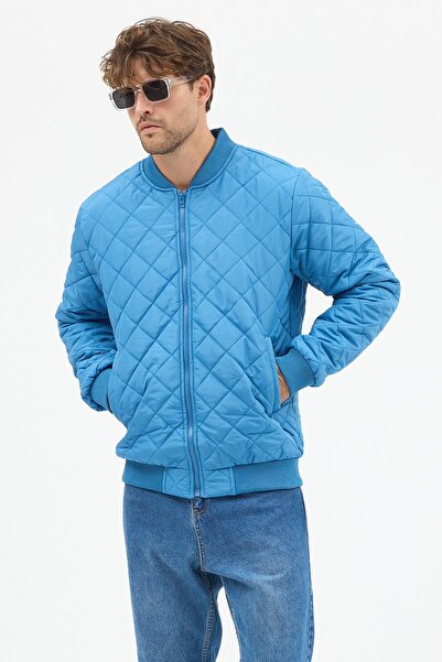 Polo State Erkek Kapitone Slim Fit Baklava Desenli Mont Ceket Mavi