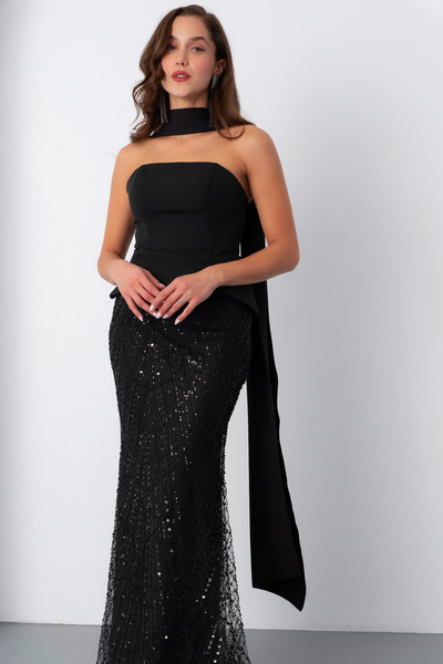 Lafaba Kadın Siyah Straplez Taşlı Uzun Balık Abiye