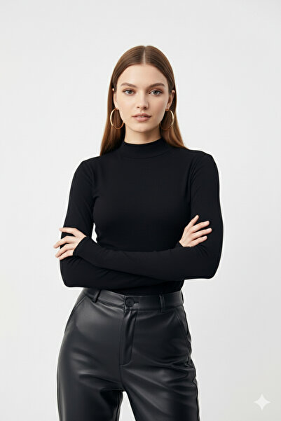 uyguntarz Schwarzer Damen-Body mit Fingerdetails und halbem Rollkragen, 2-teilig