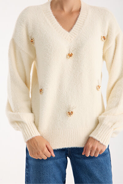 Moda Days Pulover tricotat pentru femei, ecru, cu mâneci balon, cu decolteu în V, cu accesorii în față