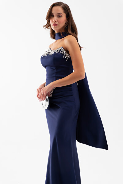 Lafaba Kadın Lacivert Straplez Taşlı Uzun Saten Abiye Elbise