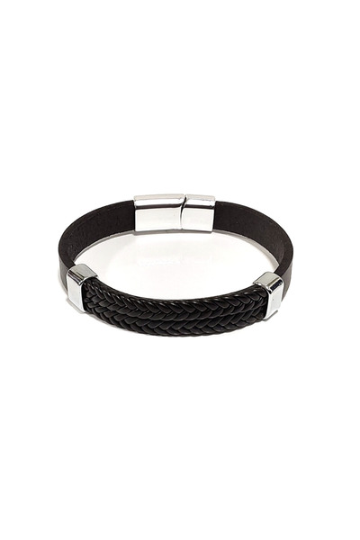RAVANELLI Men's Leather Look Silver Detailed Double Layer Magnetic Metal Buckle Bracelet – Black Stylish Design