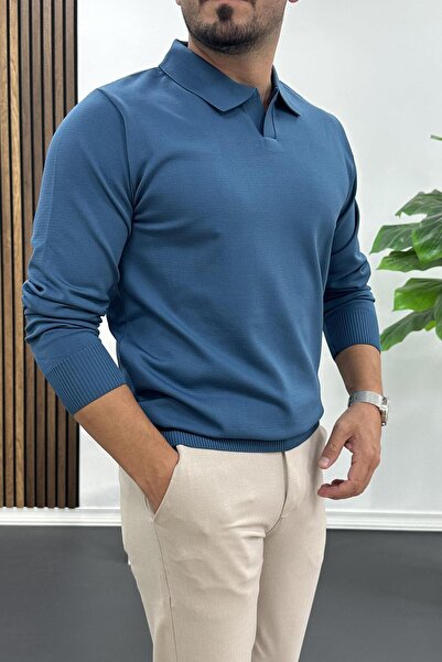 Edwox Pulover pentru bărbați cu guler deschis, model simplu, model normal, petrol Edw423