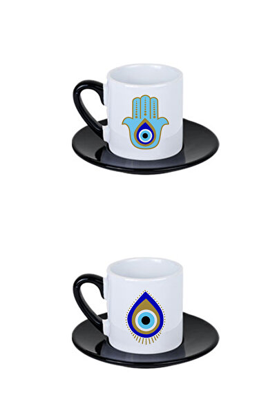 giftkonsept Blue Evil Eye Bead Patterned Printed Black 4-Piece Porcelain Turkish Coffee Cup Set