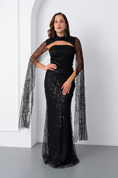 Lafaba Women's Black Shawl Long Sleeve Stand Collar Beaded Evening Dress