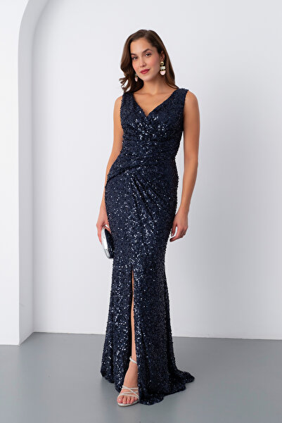 Lafaba Kadın Lacivert V Yaka Pul Payet Uzun Abiye Elbise