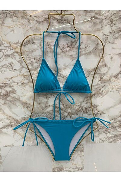 VAJESTO Kadın Açık Mavi Likralı Yandan Boyundan Bağlamalı Şık İpli Üçgen Bikini Takım