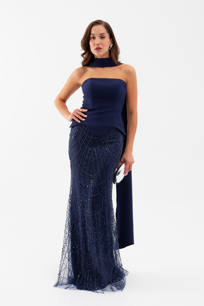 Lafaba Kadın Lacivert Straplez Taşlı Uzun Balık Abiye