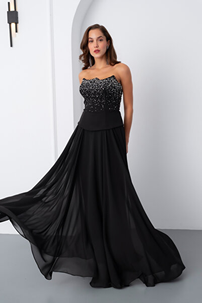 Lafaba Kadın Siyah Straplez Taşlı Uzun Tül Abiye Elbise