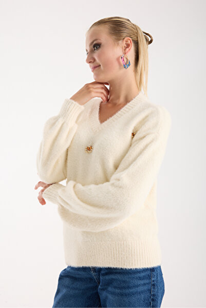 Moda Days Pulover tricotat pentru femei, ecru, cu mâneci balon, cu decolteu în V, cu accesorii în față
