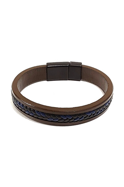 RAVANELLI Men's Leather Look Braided Detail Bracelet – Brown and Blue Stylish Design