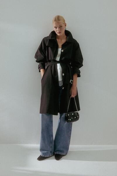 MARKALİSTE Belted Pocketed Trench Coat Black