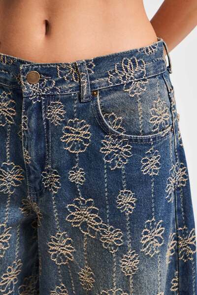 its basic Blugi pentru femei, culoare T.Kot 2w5-8, model Palazzo, cu broderie, design din material textil, blugi din denim