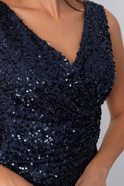 Lafaba Kadın Lacivert V Yaka Pul Payet Uzun Abiye Elbise