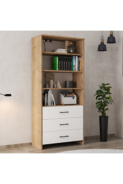 Serçedesign 3 Çekmeceli Safir Meşe - Beyaz Kitaplık – Modern ve Çok Amaçlı Aç...